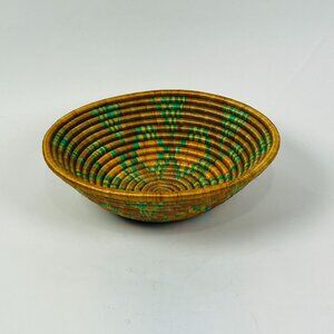 African Geometric Coiled Bowl Basket 12"  Greenish Brown Basket